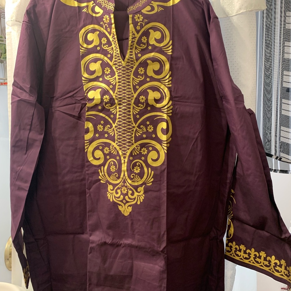 Men's Purple and Gold Embroidered tunic with elastic waist pants with pockets